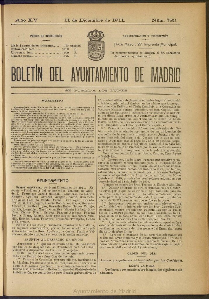 Miniatura de Boletín Oficial del Ayuntamiento de Madrid del 11 de diciembre de 1911, nº 780