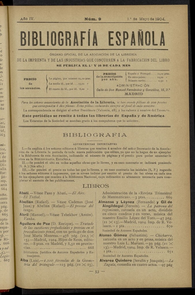 Miniatura de Bibliografía Española del 1 de mayo de 1904