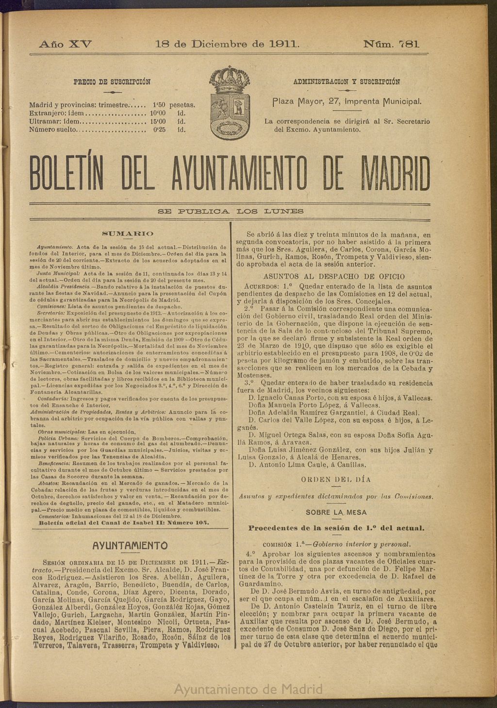 Miniatura de Boletín Oficial del Ayuntamiento de Madrid del 18 de diciembre de 1911, nº 781