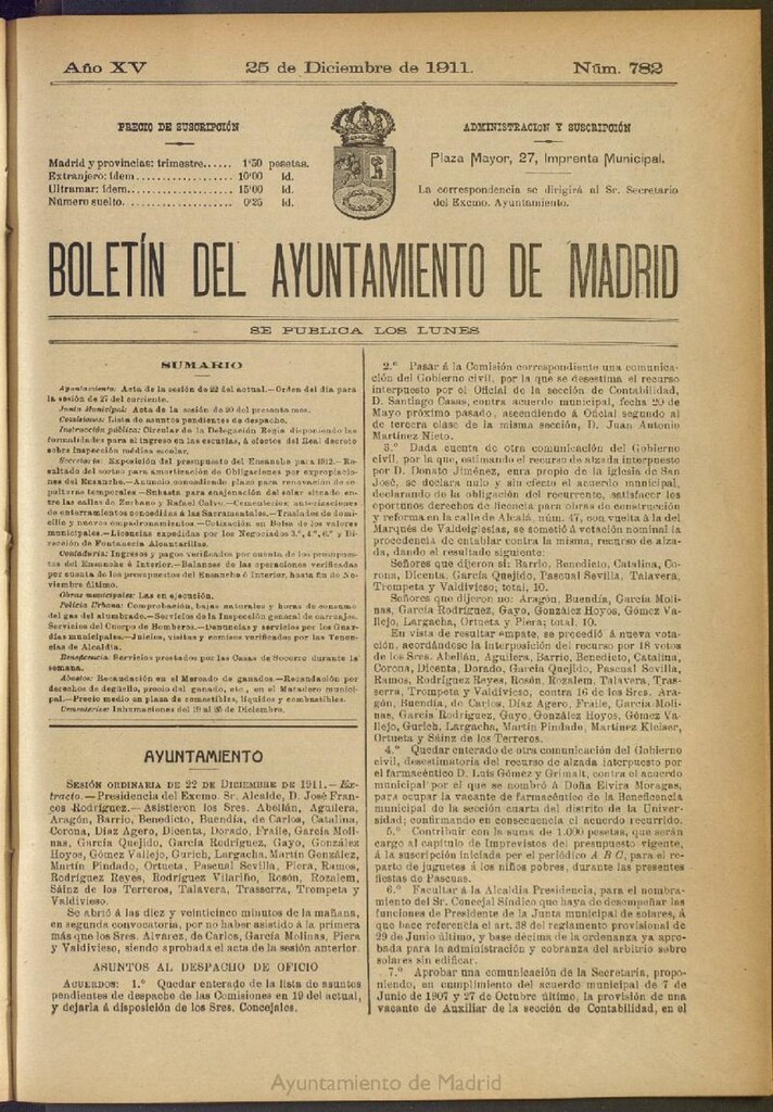 Miniatura de Boletín Oficial del Ayuntamiento de Madrid del 25 de diciembre de 1911, nº 782