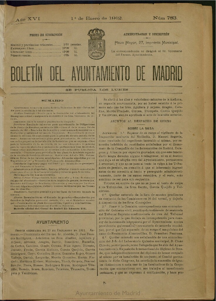Miniatura de Boletín Oficial del Ayuntamiento de Madrid del 1 de enero de 1912, nº 783