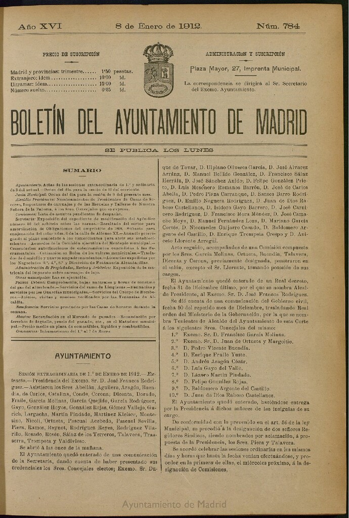 Miniatura de Boletín Oficial del Ayuntamiento de Madrid del 8 de enero de 1912, nº 784