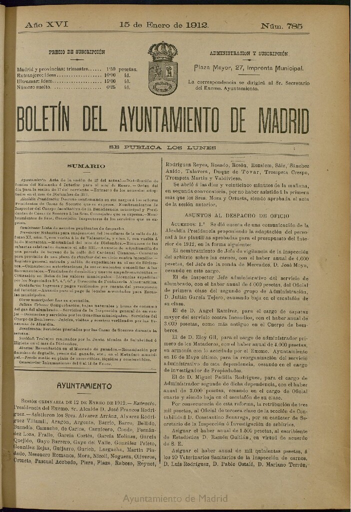 Miniatura de Boletín Oficial del Ayuntamiento de Madrid del 15 de enero de 1912, nº 785