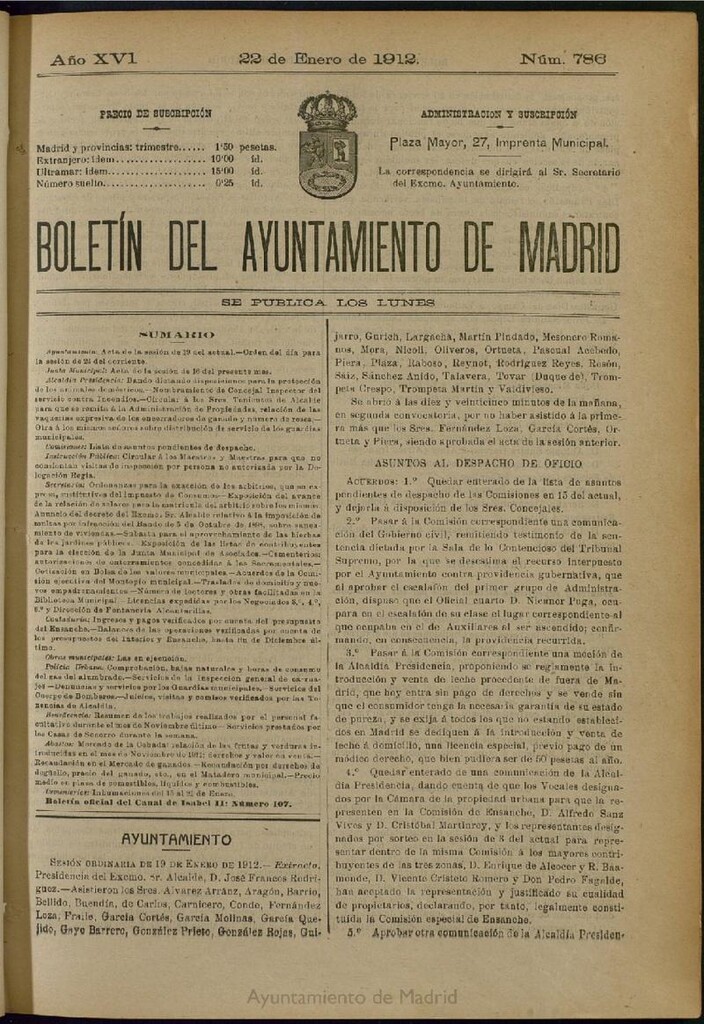 Miniatura de Boletín Oficial del Ayuntamiento de Madrid del 22 de enero de 1912, nº 786