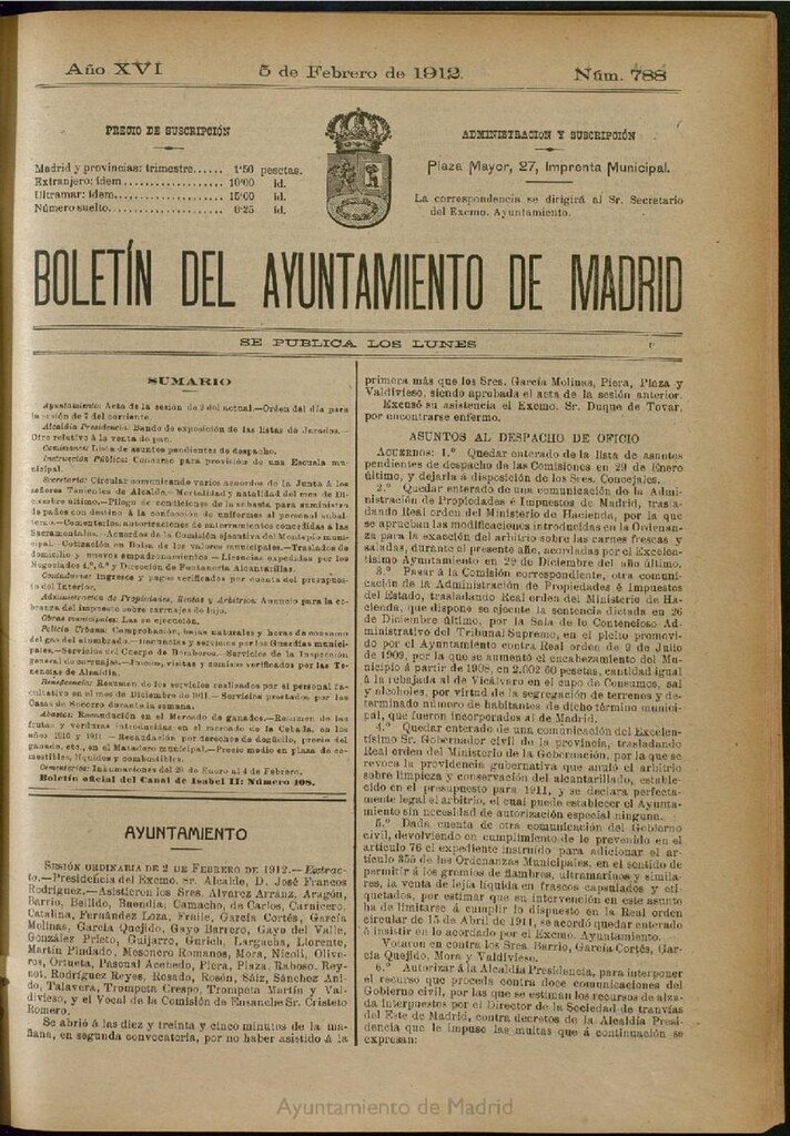 Miniatura de Boletín Oficial del Ayuntamiento de Madrid del 5 de febrero de 1912, nº 788