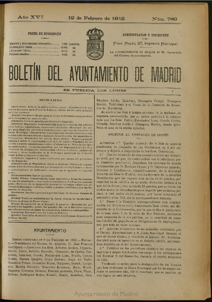 Miniatura de Boletín Oficial del Ayuntamiento de Madrid del 12 de febrero de 1912, nº 789