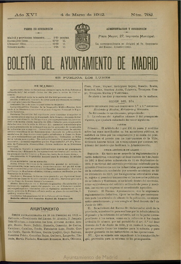 Miniatura de Boletín Oficial del Ayuntamiento de Madrid del 4 de marzo de 1912, nº 792