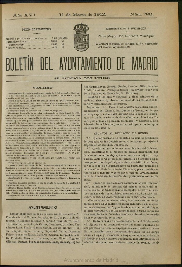 Miniatura de Boletín Oficial del Ayuntamiento de Madrid del 11 de marzo de 1912, nº 793