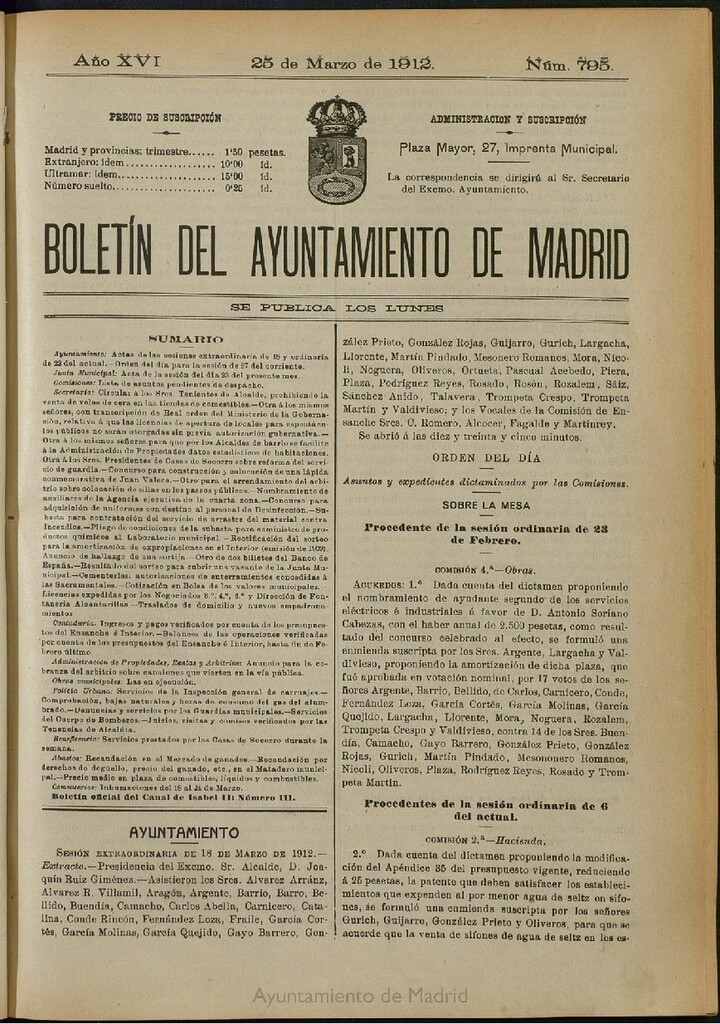 Miniatura de Boletín Oficial del Ayuntamiento de Madrid del 25 de marzo de 1912, nº 795