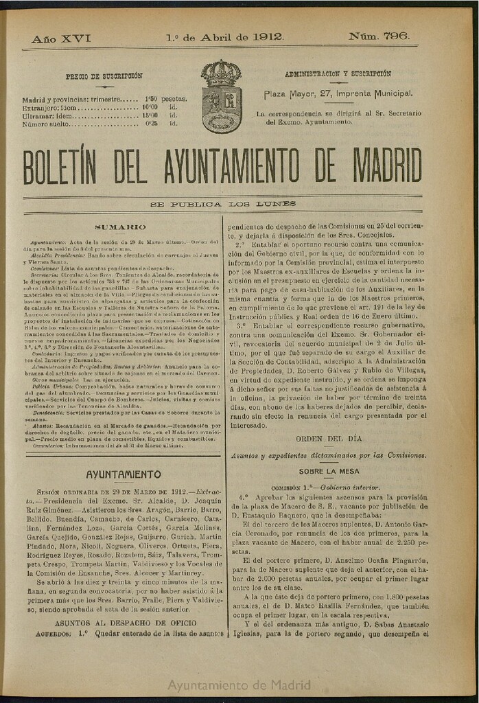 Miniatura de Boletín Oficial del Ayuntamiento de Madrid del 1 de abril de 1912, nº 796