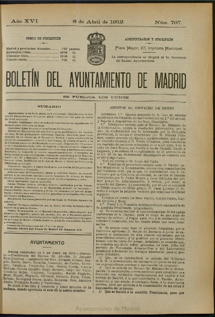Miniatura de Boletín Oficial del Ayuntamiento de Madrid del 8 de abril de 1912, nº 797