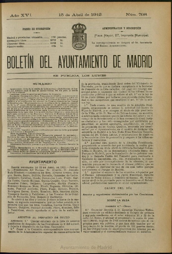 Miniatura de Boletín Oficial del Ayuntamiento de Madrid del 15 de abril de 1912, nº 798