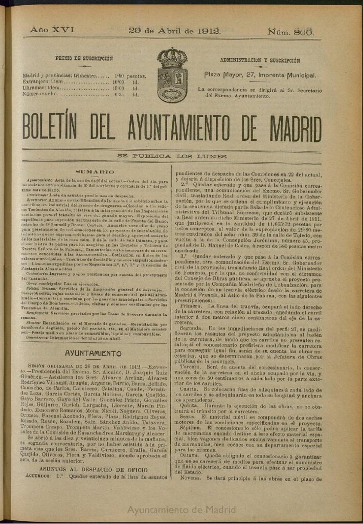 Miniatura de Boletín Oficial del Ayuntamiento de Madrid del 29 de abril de 1912, nº 800