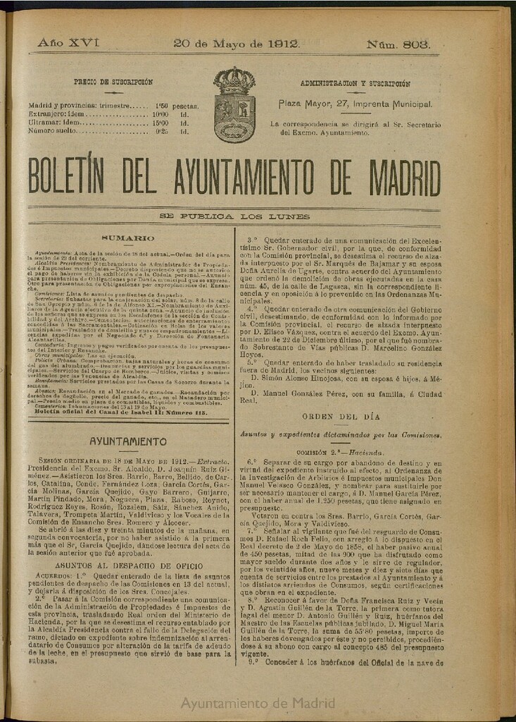 Miniatura de Boletín Oficial del Ayuntamiento de Madrid del 20 de mayo de 1912, nº 803