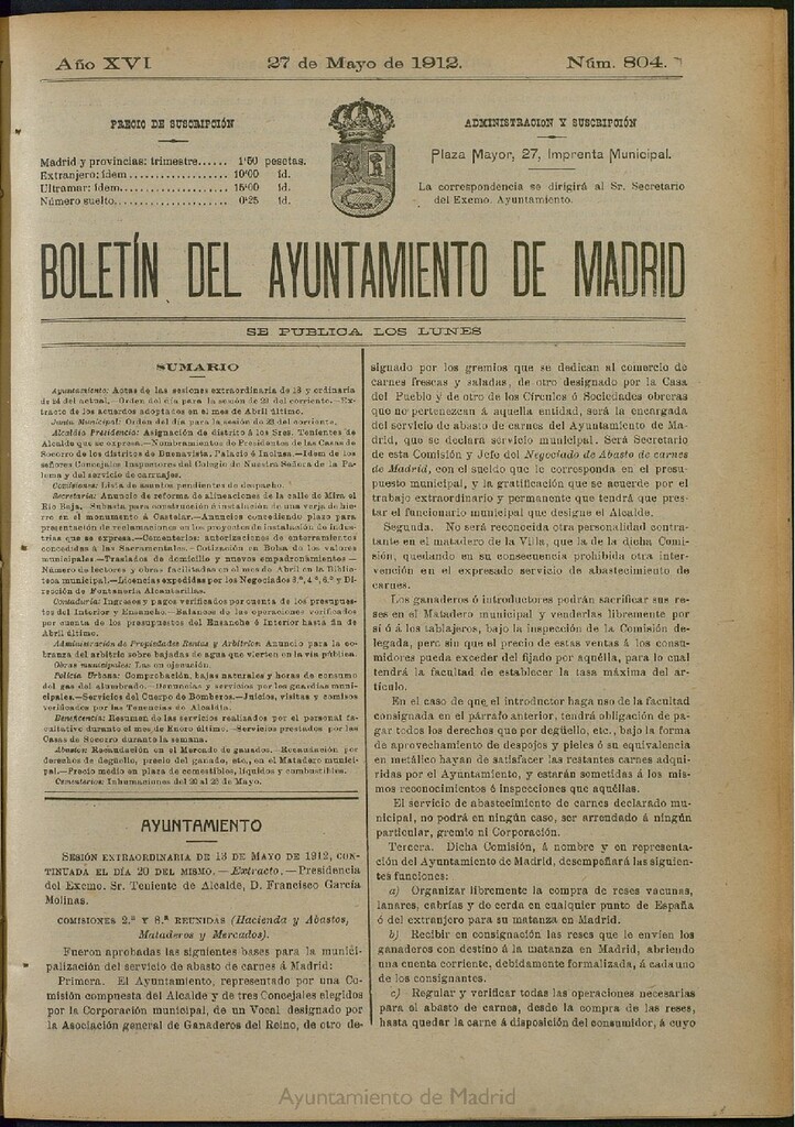 Miniatura de Boletín Oficial del Ayuntamiento de Madrid del 27 de mayo de 1912, nº 804