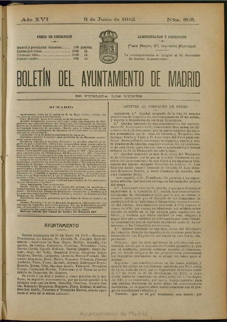 Miniatura de Boletín Oficial del Ayuntamiento de Madrid del 3 de junio de 1912, nº 805