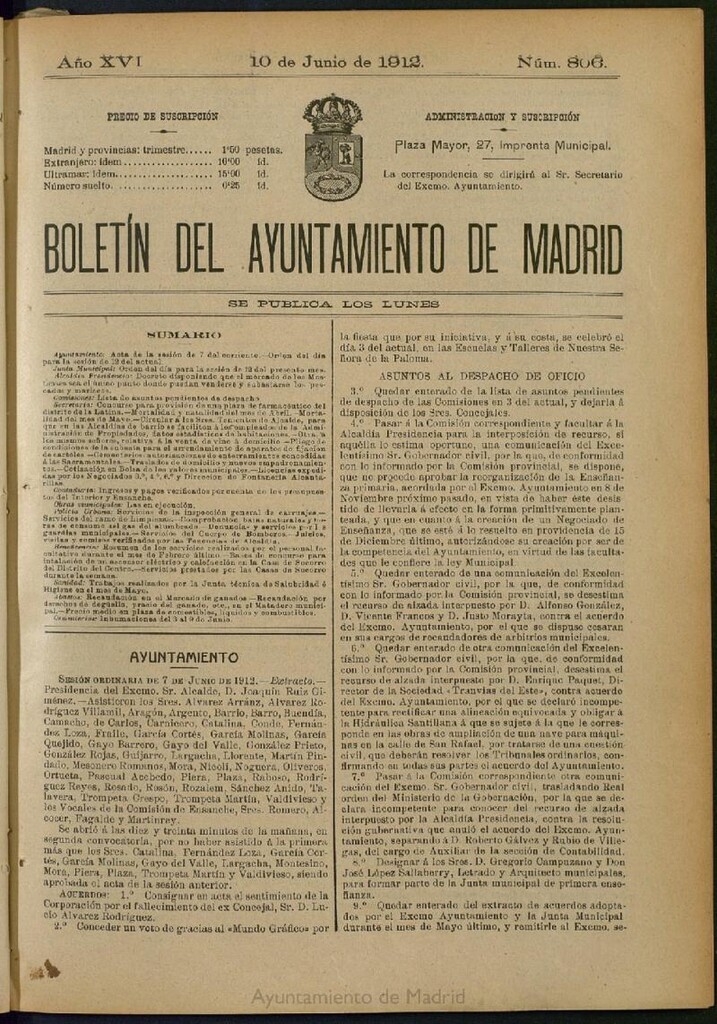 Miniatura de Boletín Oficial del Ayuntamiento de Madrid del 10 de junio de 1912, nº 806
