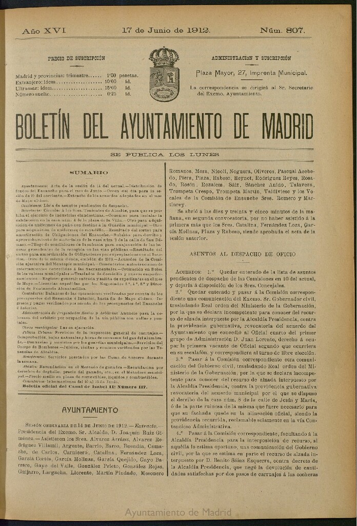 Miniatura de Boletín Oficial del Ayuntamiento de Madrid del 17 de junio de 1912, nº 807