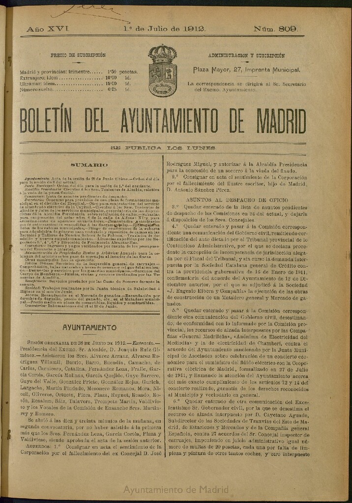Miniatura de Boletín Oficial del Ayuntamiento de Madrid del 1 de julio de 1912, nº 809