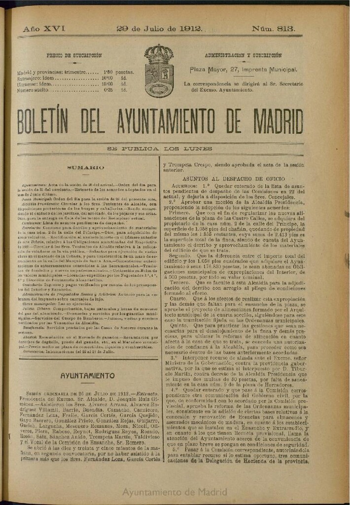 Miniatura de Boletín Oficial del Ayuntamiento de Madrid del 29 de julio de 1912, nº 813
