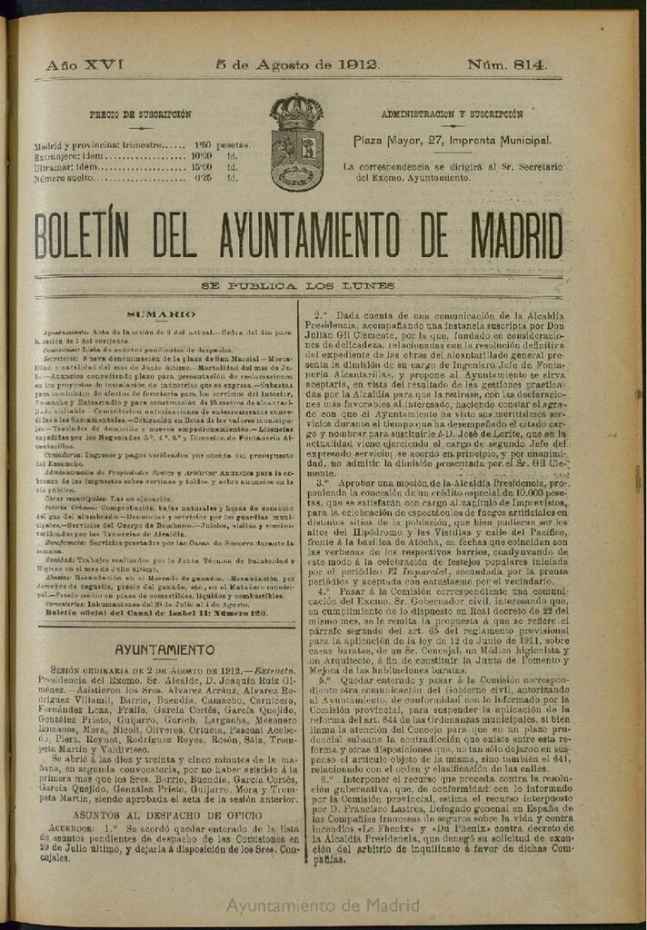 Miniatura de Boletín Oficial del Ayuntamiento de Madrid del 5 de agosto de 1912, nº 814