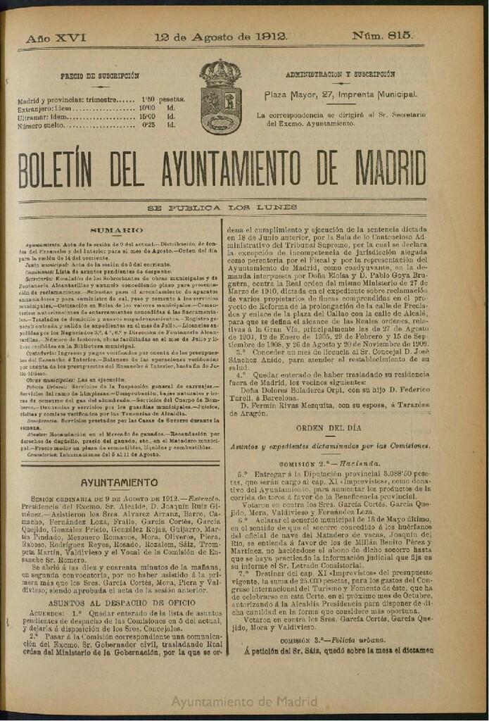 Miniatura de Boletín Oficial del Ayuntamiento de Madrid del 12 de agosto de 1912, nº 815