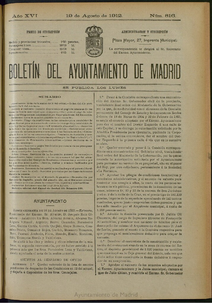 Miniatura de Boletín Oficial del Ayuntamiento de Madrid del 19 de agosto de 1912, nº 816