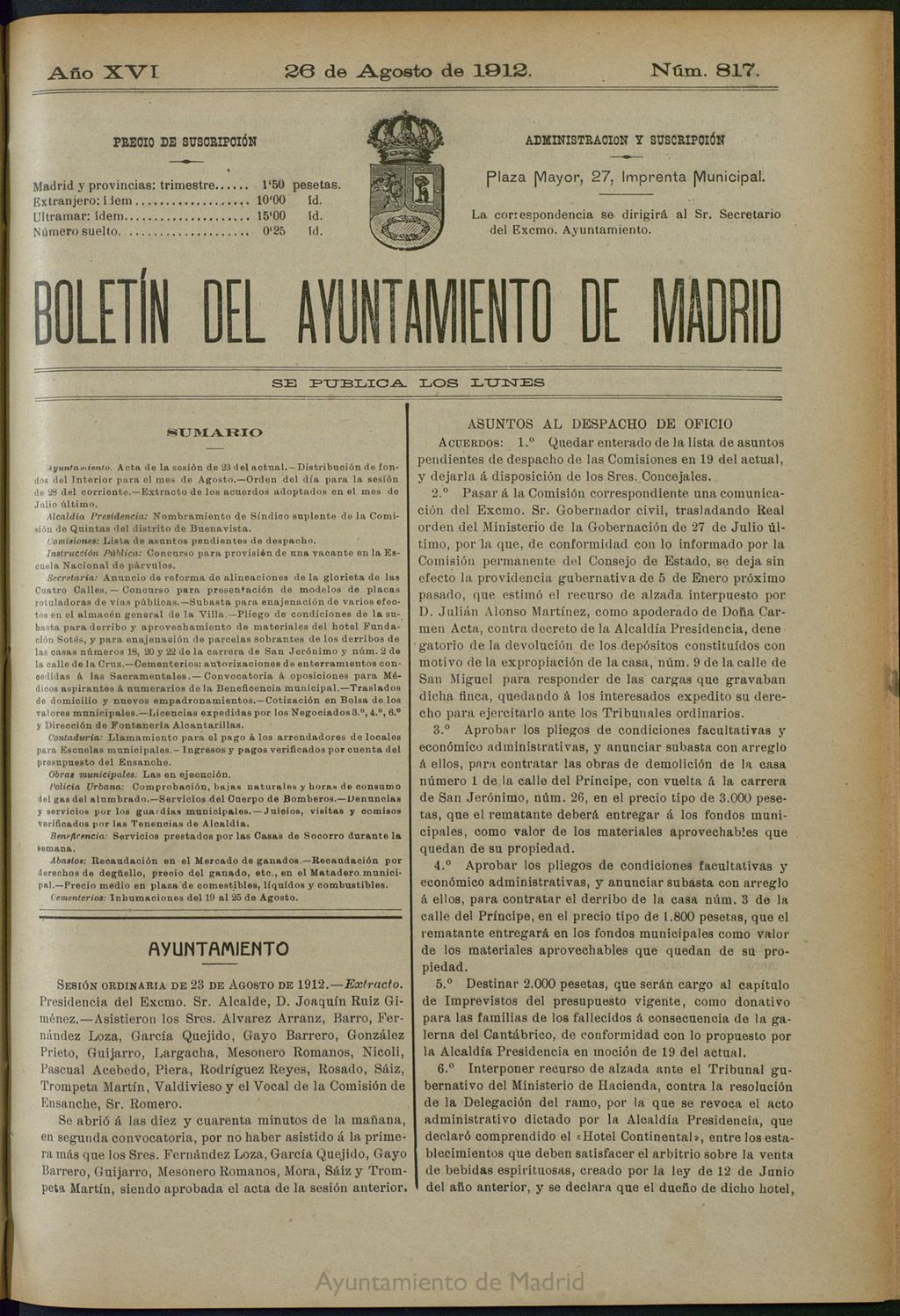 Miniatura de Boletín Oficial del Ayuntamiento de Madrid del 24 de agosto de 1912, nº 817