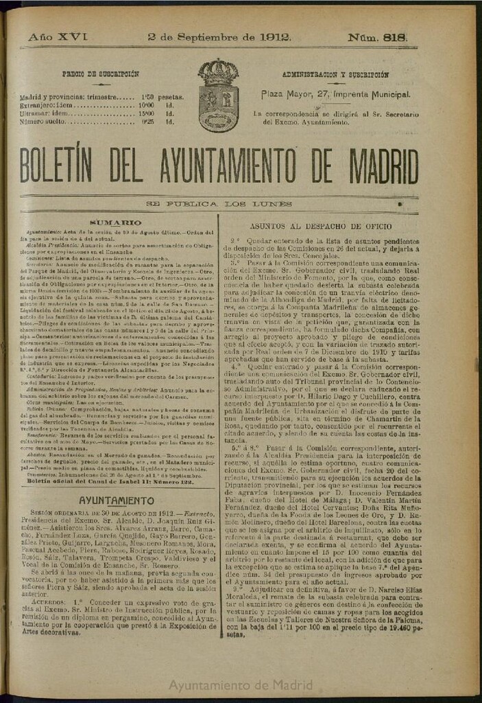 Miniatura de Boletín Oficial del Ayuntamiento de Madrid del 2 de septiembre de 1912, nº 818