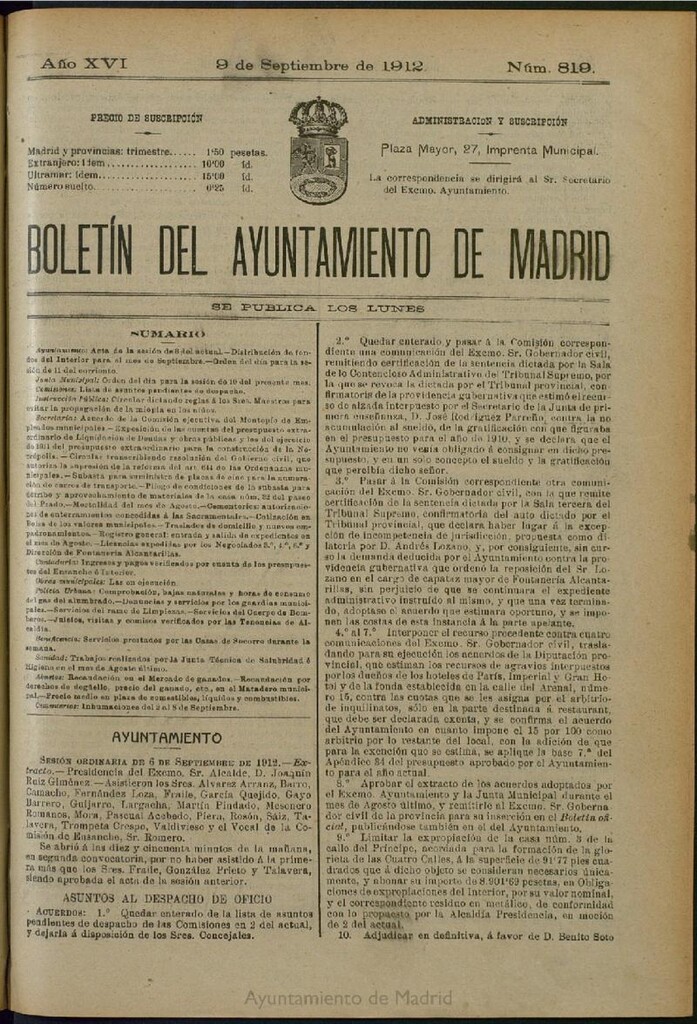 Miniatura de Boletín Oficial del Ayuntamiento de Madrid del 9 de septiembre de 1912, nº 819