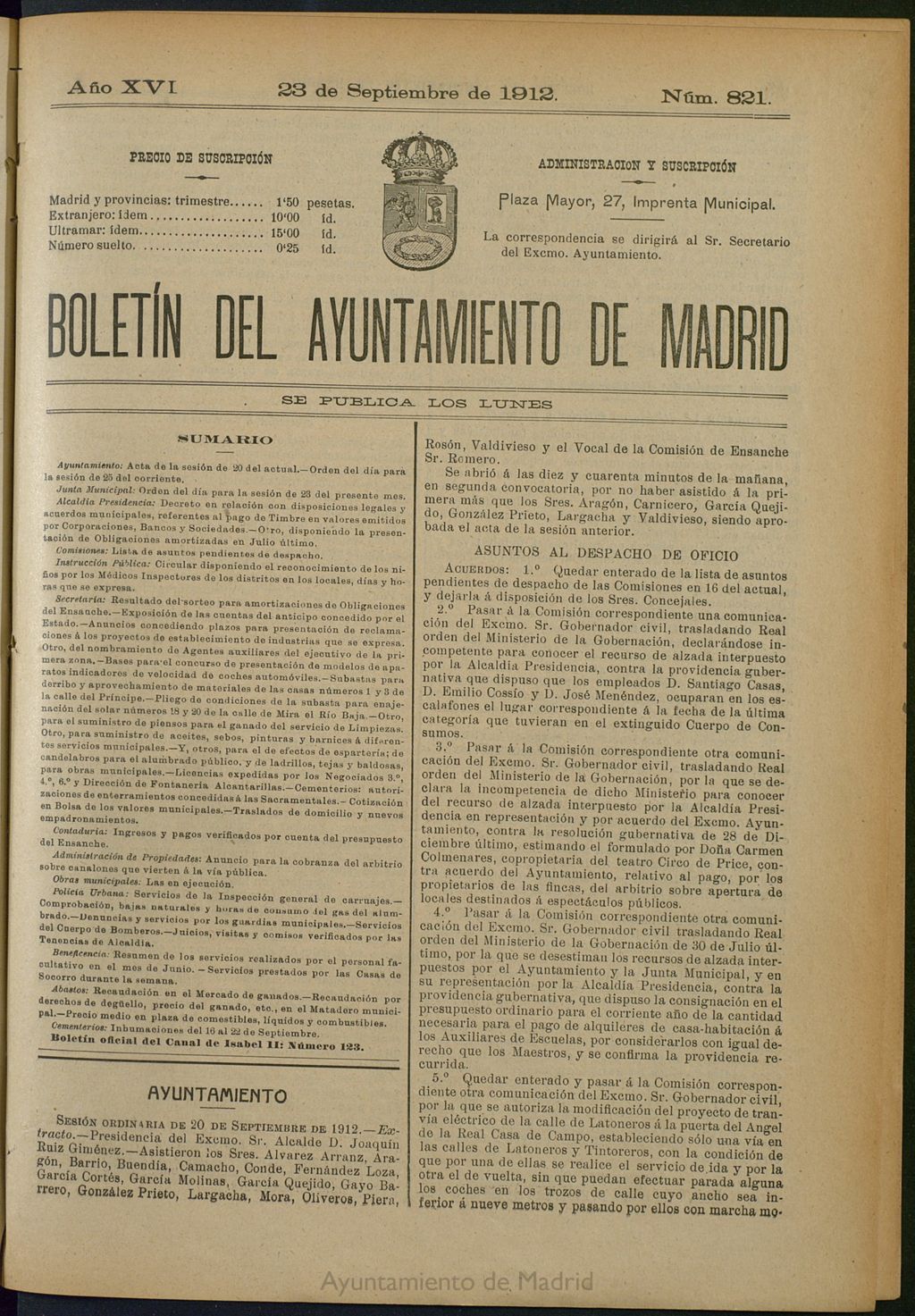 Miniatura de Boletín Oficial del Ayuntamiento de Madrid del 23 de septiembre de 1912, nº 821