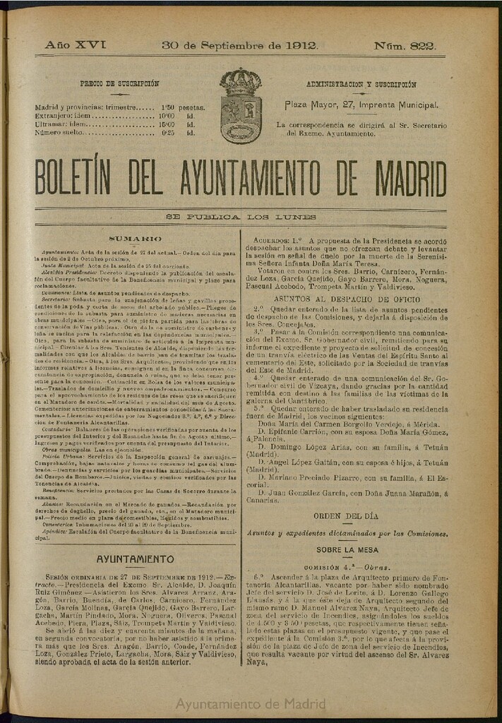 Miniatura de Boletín Oficial del Ayuntamiento de Madrid del 30 de septiembre de 1912, nº 822