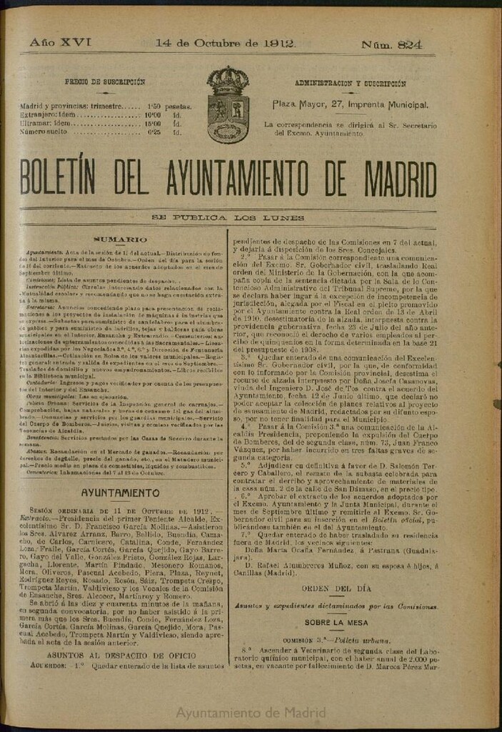 Miniatura de Boletín Oficial del Ayuntamiento de Madrid del 14 de octubre de 1912, nº 824