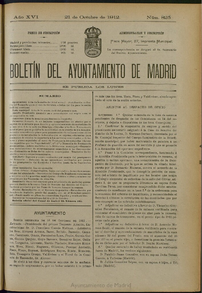 Miniatura de Boletín Oficial del Ayuntamiento de Madrid del 21 de octubre de 1912, nº 825