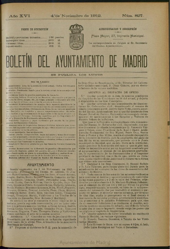 Miniatura de Boletín Oficial del Ayuntamiento de Madrid del 4 de noviembre de 1912, nº 827