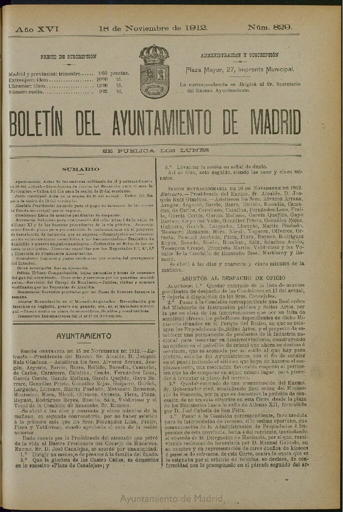Miniatura de Boletín Oficial del Ayuntamiento de Madrid del 18 de noviembre de 1912, nº 829