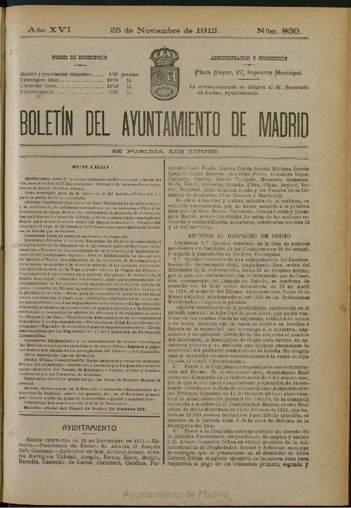 Miniatura de Boletín Oficial del Ayuntamiento de Madrid del 25 de noviembre de 1912, nº 830