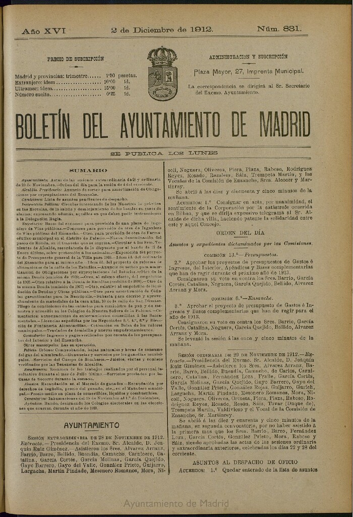 Miniatura de Boletín Oficial del Ayuntamiento de Madrid del 2 de diciembre de 1912, nº 831