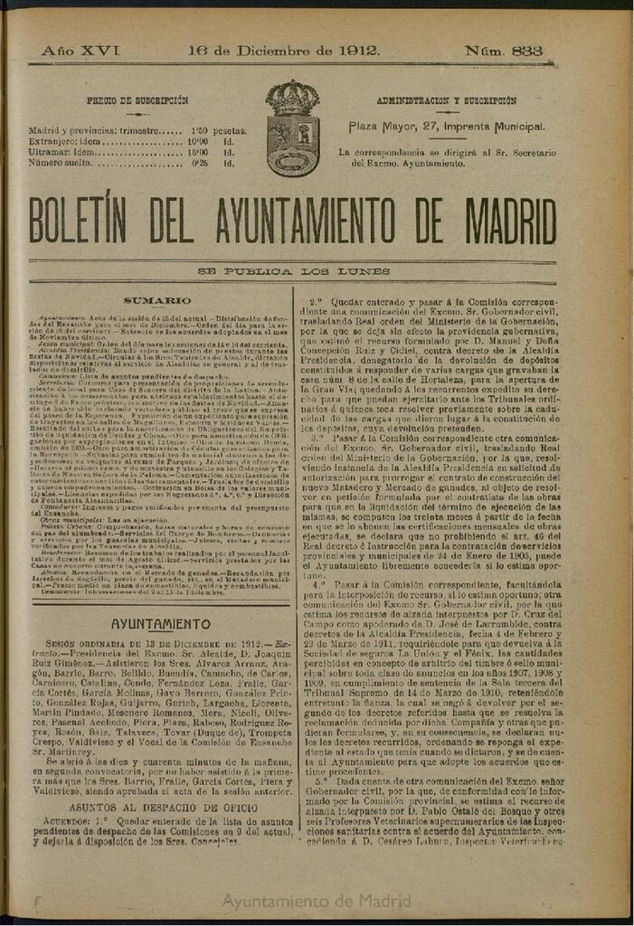 Miniatura de Boletín Oficial del Ayuntamiento de Madrid del 16 de diciembre de 1912, nº 833