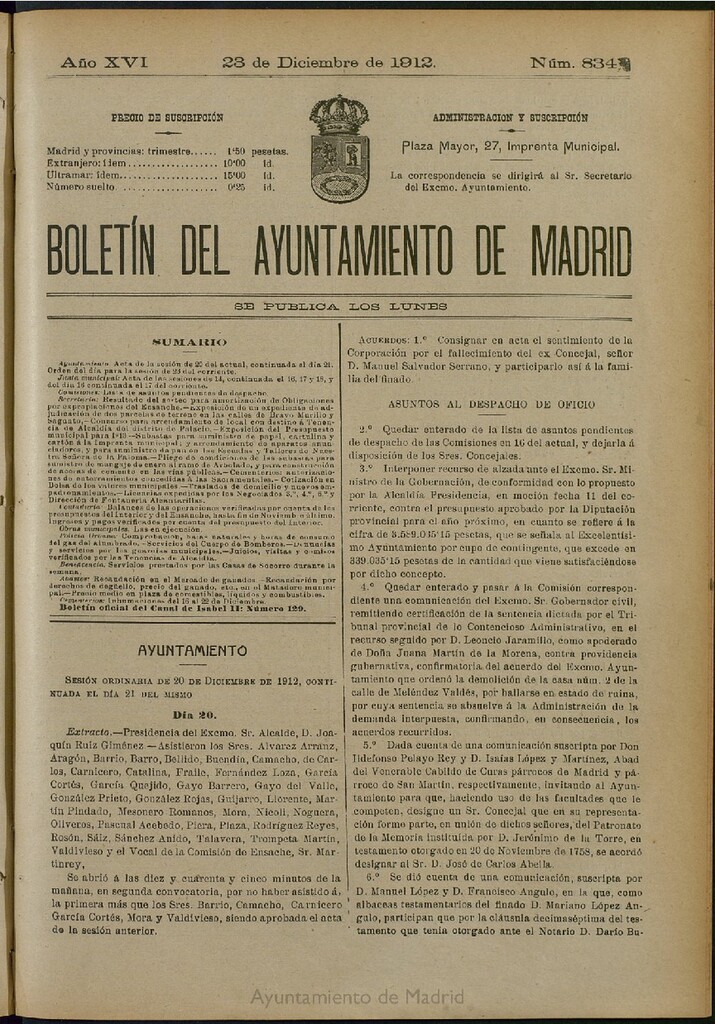 Miniatura de Boletín Oficial del Ayuntamiento de Madrid del 23 de diciembre de 1912, nº 834