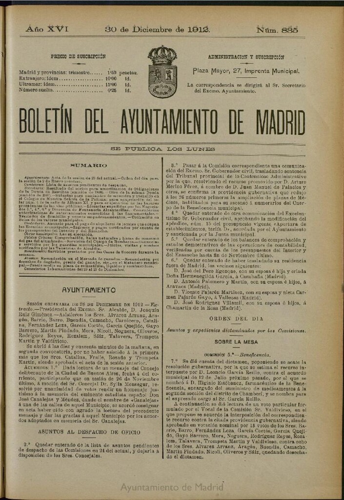 Miniatura de Boletín Oficial del Ayuntamiento de Madrid del 30 de diciembre de 1912, nº 835