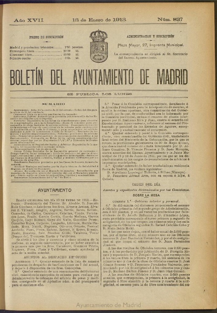 Miniatura de Boletín Oficial del Ayuntamiento de Madrid del 13 de enero de 1913, nº 837