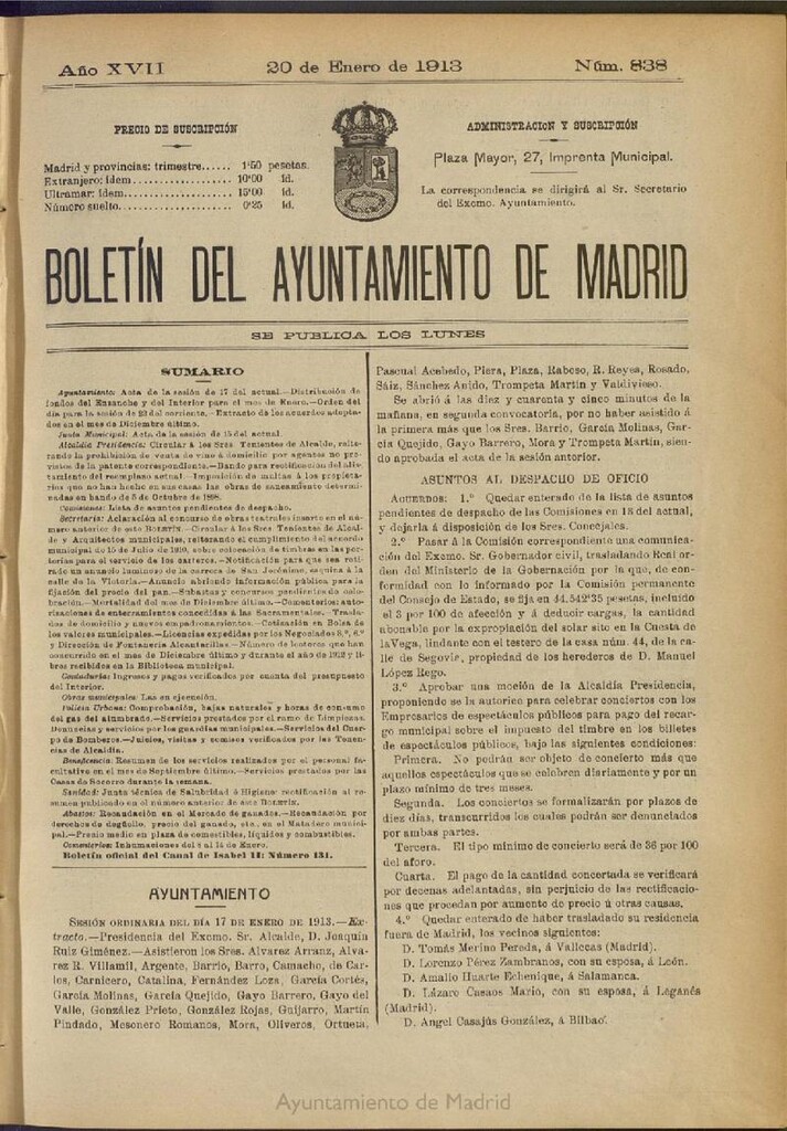 Miniatura de Boletín Oficial del Ayuntamiento de Madrid del 20 de enero de 1913, nº 838