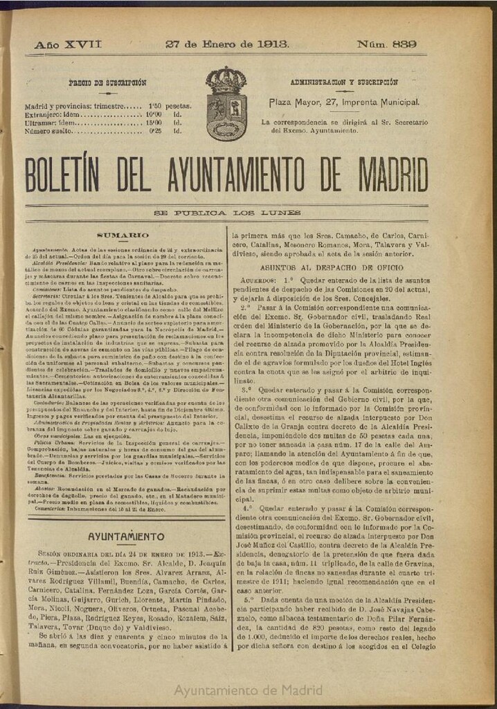 Miniatura de Boletín Oficial del Ayuntamiento de Madrid del 27 de enero de 1913, nº 839