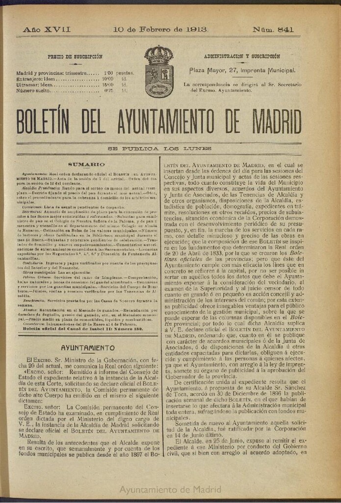 Miniatura de Boletín Oficial del Ayuntamiento de Madrid del 10 de febrero de 1913, nº 841