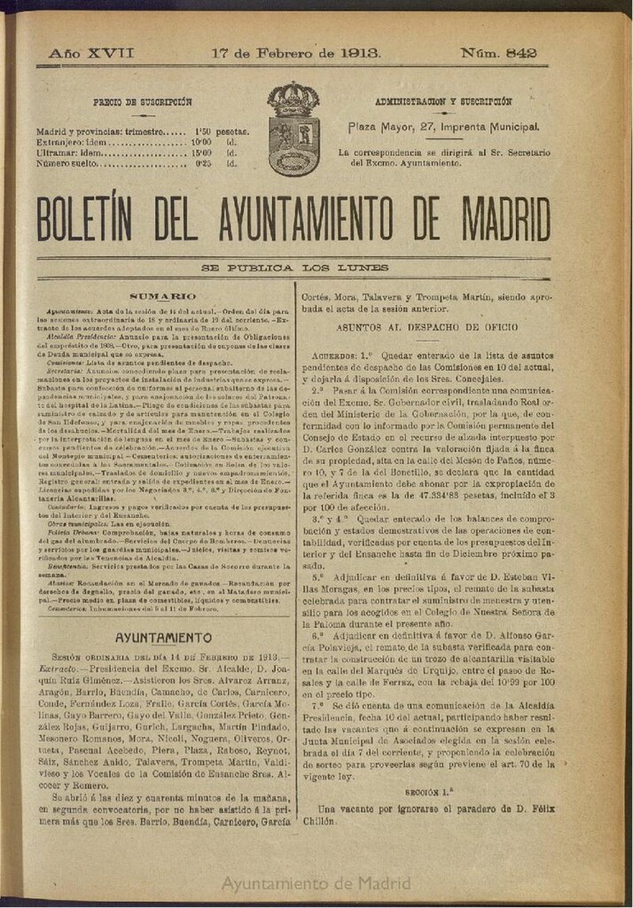 Miniatura de Boletín Oficial del Ayuntamiento de Madrid del 17 de febrero de 1913, nº 842
