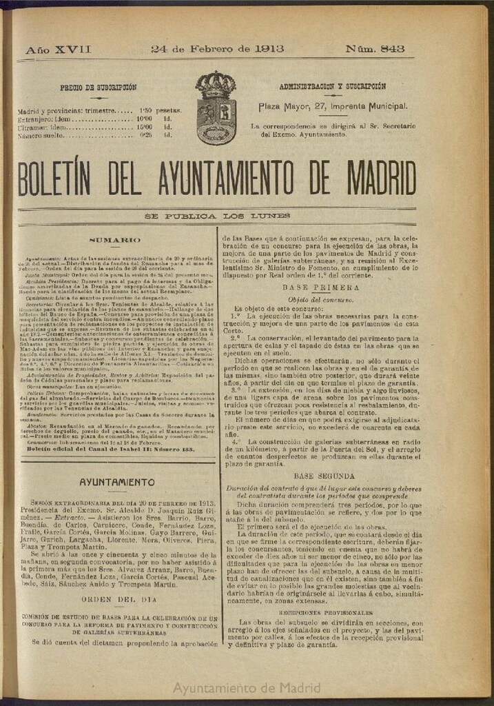 Miniatura de Boletín Oficial del Ayuntamiento de Madrid del 24 de febrero de 1913, nº 843