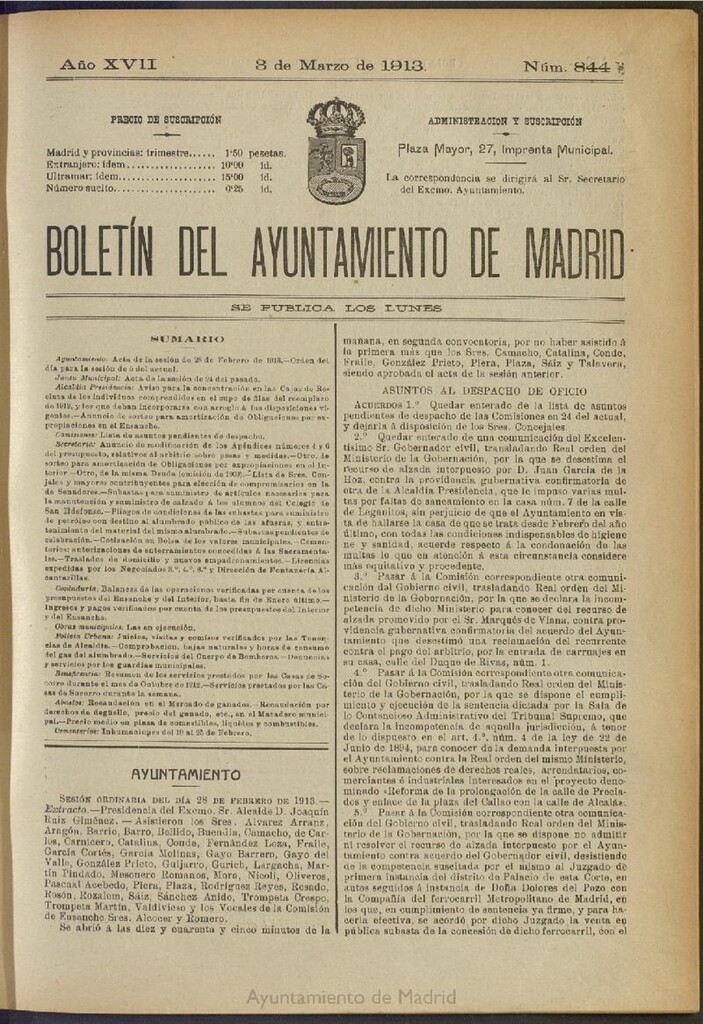 Miniatura de Boletín Oficial del Ayuntamiento de Madrid del 3 de marzo de 1913, nº 844