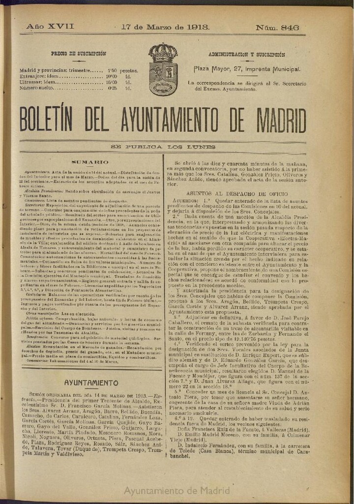 Miniatura de Boletín Oficial del Ayuntamiento de Madrid del 17 de marzo de 1913, nº 846