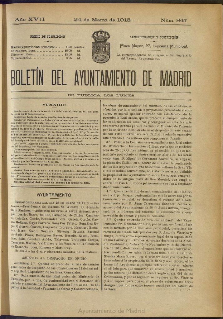 Miniatura de Boletín Oficial del Ayuntamiento de Madrid del 24 de marzo de 1913, nº 847